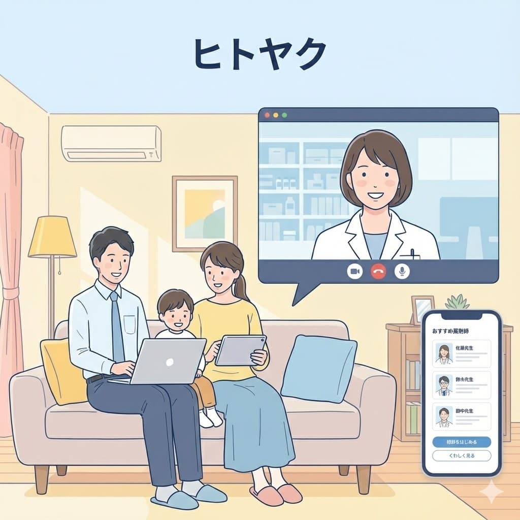 社員と家族がオンラインで薬剤師に相談しているイメージ